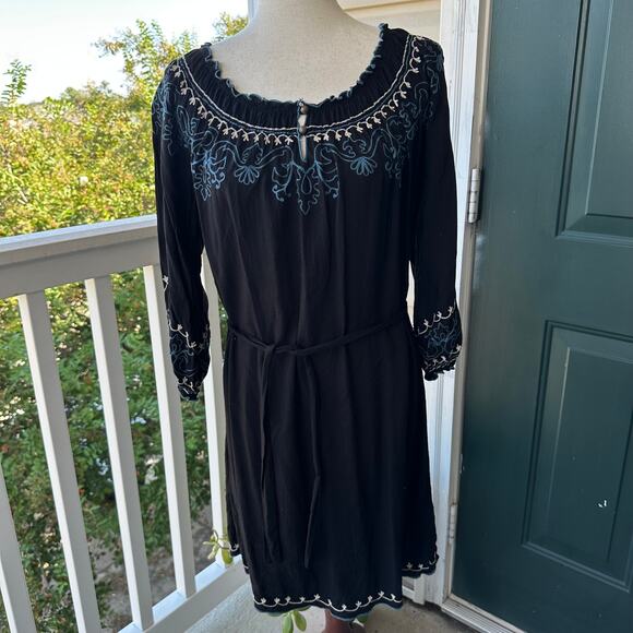 Lucky Brand Boho Embroidered Dress M Off Shoulder Belted Fall Knee Length Casual - Picture 6 of 7